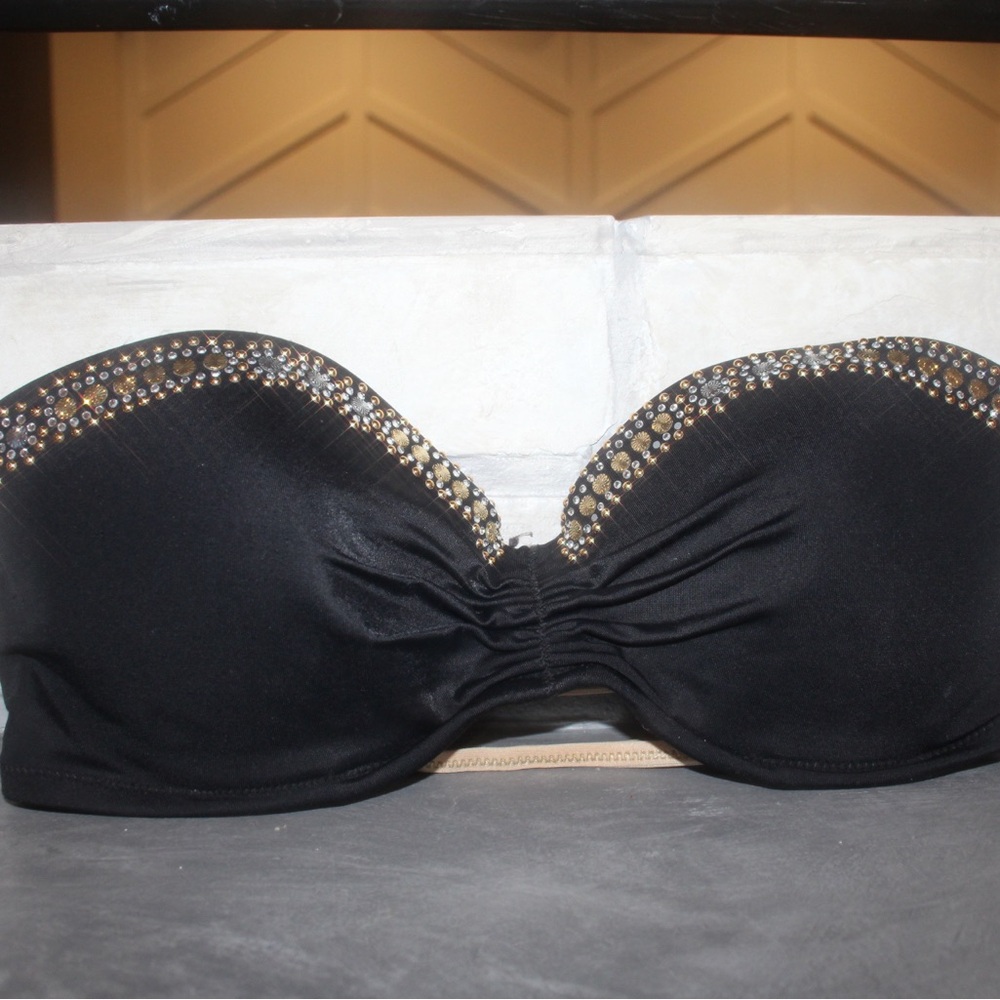 Elegant Black Strapless Swim Top with Gold Accents